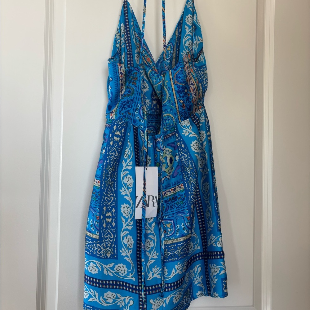 Zara Blue Pattern Silk Wrap Dress - Picture 2 of 3